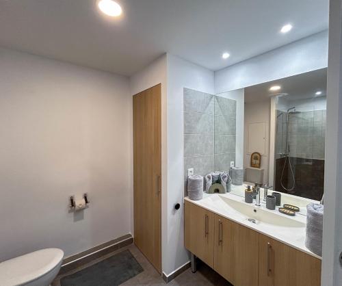 a bathroom with a sink and a toilet and a mirror at Palm Beach Studio - New Beach Residence in Saint Martin