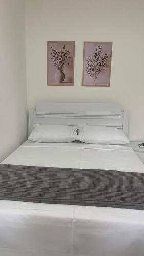 a bed in a room with two pictures on the wall at Kitnet Equipada in Sao Jose do Rio Preto