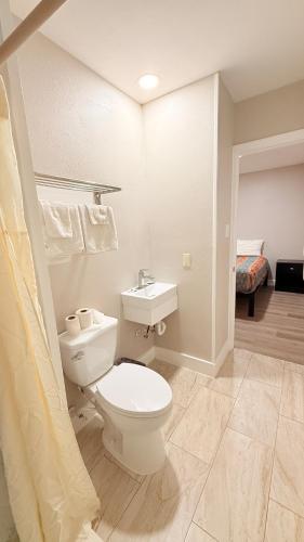 a bathroom with a toilet and a sink at Beachtree Motel in Galveston