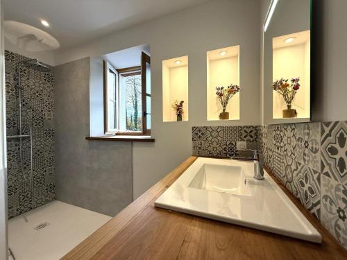 a bathroom with a sink and a shower at Lo casalar in Noguères