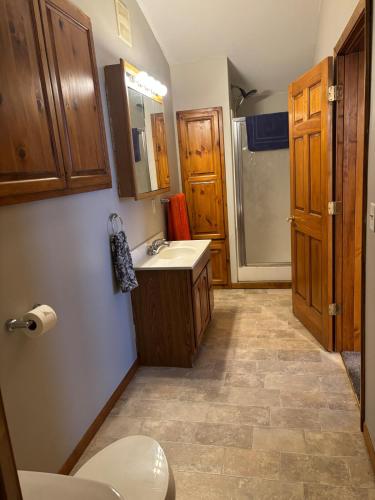 a bathroom with a toilet and a sink and a shower at The Loft on the Lot in Cambridge