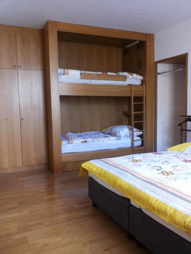 クレムス・アン・デア・ドナウにあるFerienwohnung in Krems-Stein/Donauのベッドルーム1室(二段ベッド2台、木製キャビネット付)
