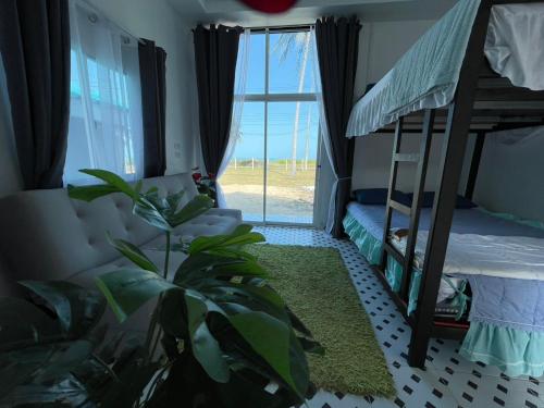 a bedroom with two bunk beds and a plant at Earnhomestay sichon in Ban Plai Thon
