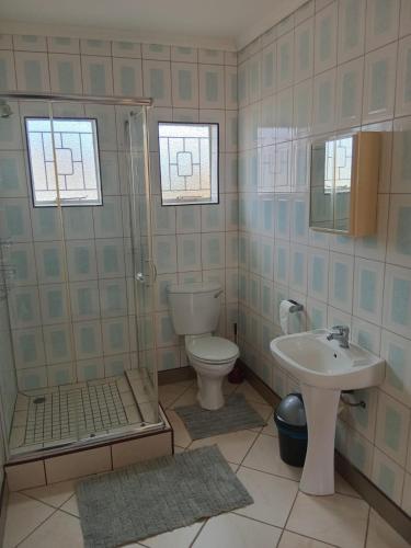 a bathroom with a toilet and a shower and a sink at VSA SELF CATERING Accommodation Unit 2 entire house ,Sleeps 4-7 in Newcastle