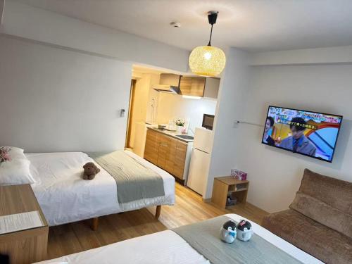 a room with two beds and a tv on the wall at DL Shinsaibashi in Osaka