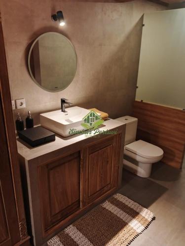 a bathroom with a sink and a toilet and a mirror at Simbar Pertiwi Villa in Ubud