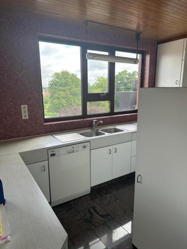 a kitchen with a sink and two windows at Antwerp West Side Penthouse in 't Hoeksken