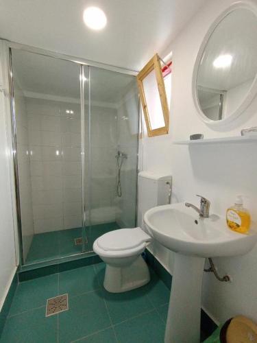 a bathroom with a toilet and a sink and a shower at Casa Didi in Vama Veche