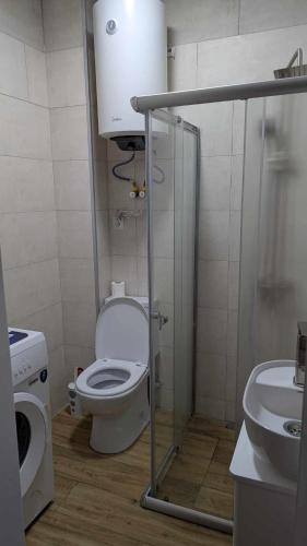a bathroom with a toilet and a sink at Bazaleti Heaven in Bazalet'i