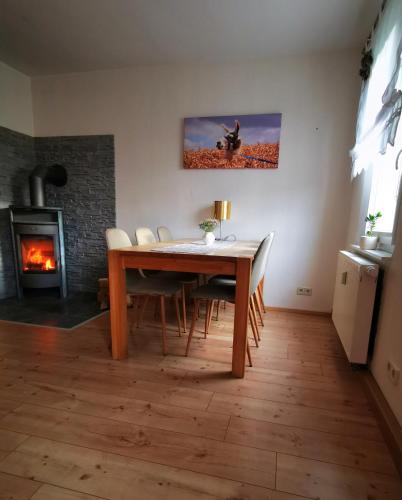 a dining room with a table and a fireplace at Ferienwohnung Alpakahof in Kleinreinsdorf