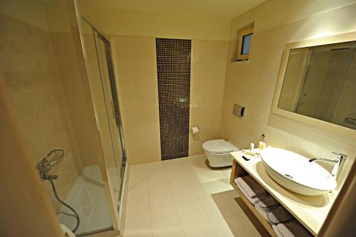 a bathroom with a sink and a shower and a toilet at Belvedere Hotel in Kalamata