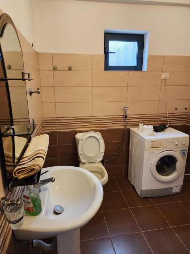 a bathroom with a sink and a washing machine at Apartment 2 by Villa Ceni in Elbasan