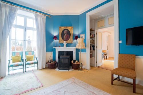 a living room with blue walls and a fireplace at Loughcrew House in Oldcastle