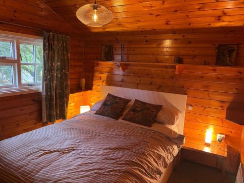 a bedroom with a bed in a log cabin at 345 Ida's Cabin in Trawsfynydd