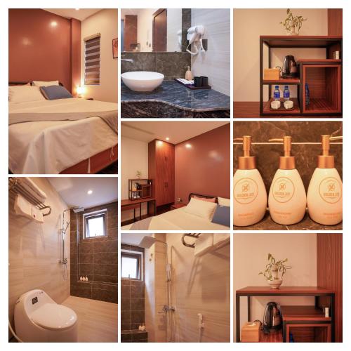 a collage of photos of a hotel room at Hotel Golden Joy Stay in Hai Phong
