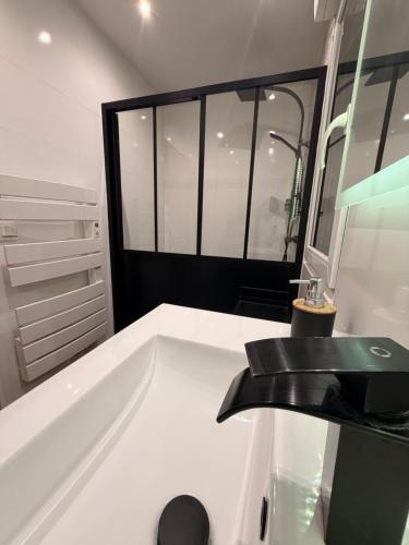 a bathroom with a sink and a mirror at Atelier chaleureux 40m2 - proche CDG Parc des expo in Tremblay-En-France
