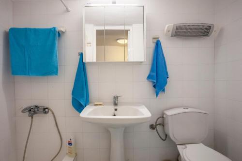 a bathroom with a sink and a toilet and a mirror at Onar holiday home in Fourka