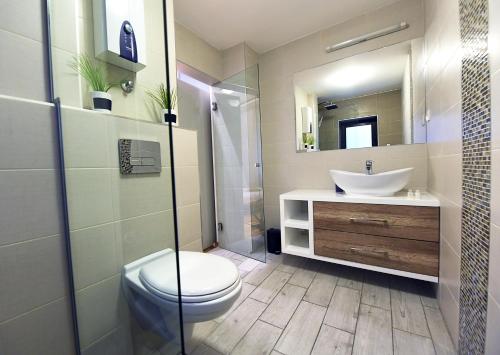 a bathroom with a toilet and a sink and a mirror at L9 Top Central Rooms and Apartments 2 in Belgrade