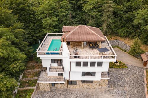 an aerial view of a house with a swimming pool at Villa High Point in Pravets