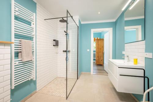 a bathroom with a shower and a sink at Pförtnerhaus in Gartow