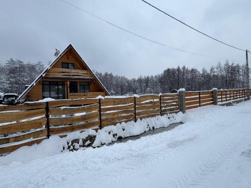a wooden cabin with a fence in the snow at Cabana Alisa Sapanta in Săpânța