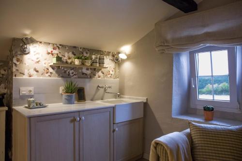 a bathroom with a sink and a window at Mendiburu Rural Boutique in Osinaga