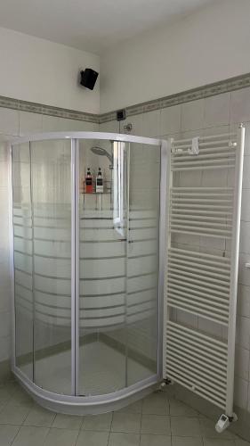 a shower with glass doors in a bathroom at B&b cuore di casa in Ferno