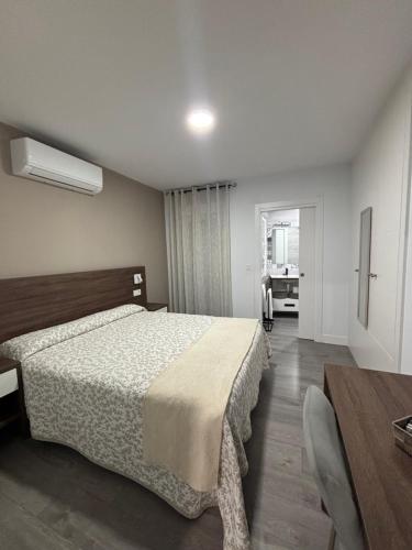 a bedroom with a bed and a table and a desk at Hostal Los Rosales in Tejeda de Tiétar