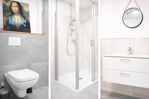 three views of a bathroom with a shower and a toilet at Ostfrieschen Ferienwohnung & Spielscheune in Oldendorf
