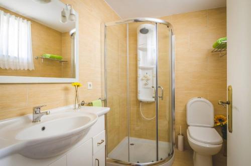 a bathroom with a shower and a sink and a toilet at Near beach and Oporto in Vila Nova de Gaia