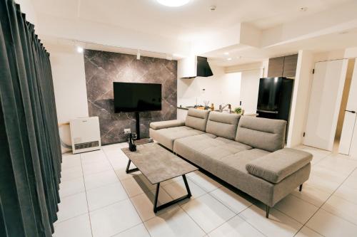 a living room with a couch and a tv at マエストラーレ山鼻 in Sapporo
