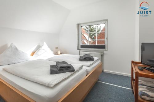 a bedroom with two beds and a television at Töwerland Zimmer 7 in Juist