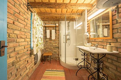 a bathroom with a sink and a shower in a brick wall at Domeniul Trei Stejari in Mediaş