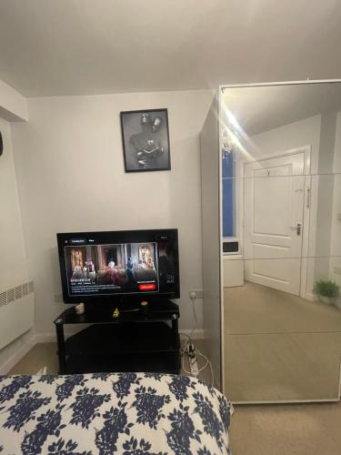 a bedroom with a mirror and a tv and a bed at Cozy en-suite Room-city centre in Wolverhampton