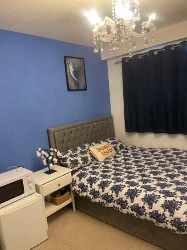 a bedroom with a bed with a blue wall at Cozy en-suite Room-city centre in Wolverhampton