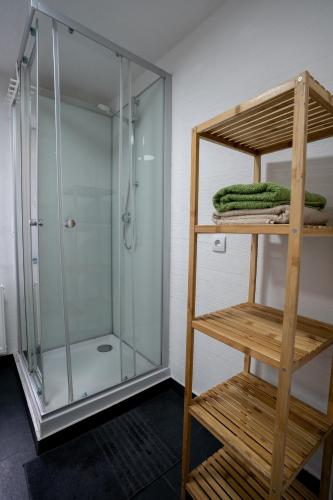 a shower room with a glass shower stall at KiRoom Willsbach 2 und 3 in Obersulm