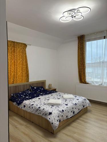 a bedroom with a bed and a ceiling fan at Pensiunea Casa Petrovai in Sighetu Marmaţiei