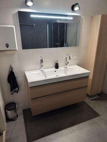 a bathroom with a white sink and a mirror at Quiet spacious room in Amsterdam