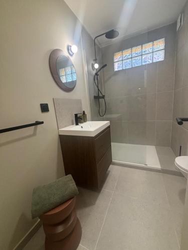 Un baño con lavabo, ducha e inodoro. en Morucci, en Bastia