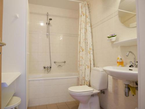 a bathroom with a toilet and a sink and a shower at Badhotel Appartementen Callantsoog in Callantsoog