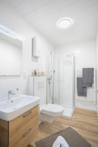 a white bathroom with a toilet and a sink at City Green Appartement in Bad Lippspringe