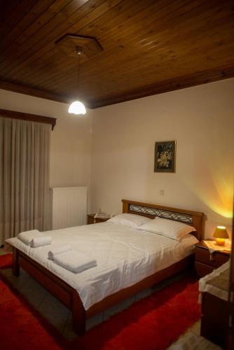 a bedroom with a large bed with a wooden ceiling at Theasi in Konitsa