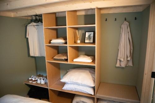 a book shelf with pillows in a bedroom at Kapschuur in Zuidwolde