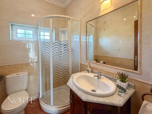 a bathroom with a sink and a shower and a toilet at Casa Mayra in Camargo