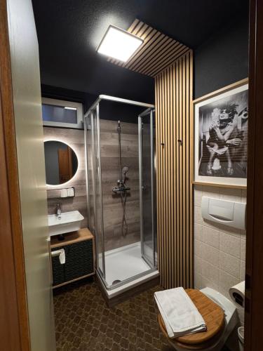 a bathroom with a shower and a sink at Chalet MOOS in Todtmoos