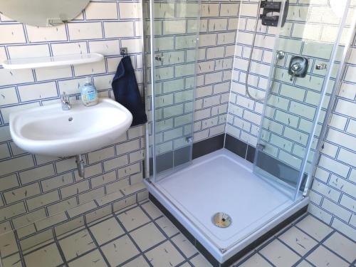 a bathroom with a sink and a glass shower at Charmante Ferienwohnung mit sonniger Loggia in Celle