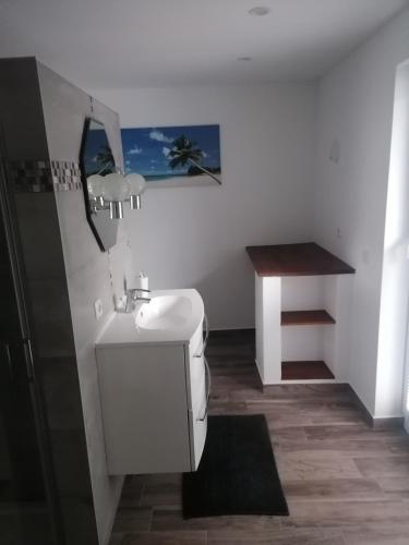 a bathroom with a white sink and a toilet at Tinas Fewo 2 in Hohendodeleben