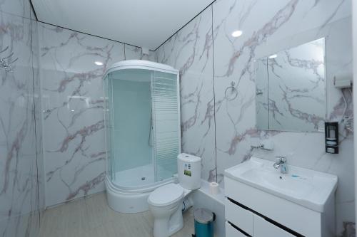 a bathroom with a sink and a toilet and a mirror at TRIP Hotel in Toshkent-Passajir Bekati