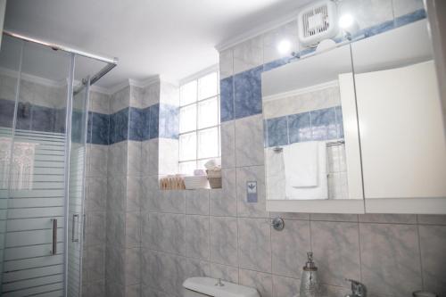 a bathroom with a shower and a toilet and a mirror at anatoli by the sea in Skala Mistegnon