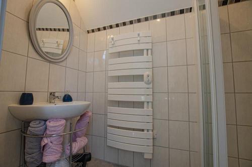 a bathroom with a sink and a mirror at Le paradis des ecureuils in Saint-Thibault